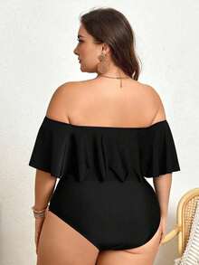 Swim Lushoire Conjunto de bikini de borde con volantes y escote descubierto para mujeres de talla grande para vacaciones en la playa de verano - Negro - Ver 2