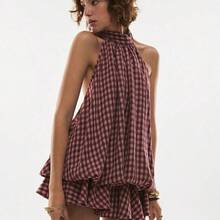 . .  Vestido corto de verano para mujer con cuello halter, espalda descubierta y volantes con estampado de cuadros - Negro01 - Ver 7