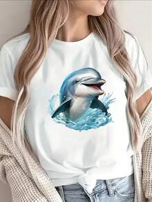 Women's T-Shirt With Dolphin Print, Suitable For The Beach Or For Casual Wear At Home, Lightweight And Durable, With A Vibrant Ocean Design, Perfect For Summer Activities Or For Relaxing On A Daily Basis. - 白色 - 查看 1