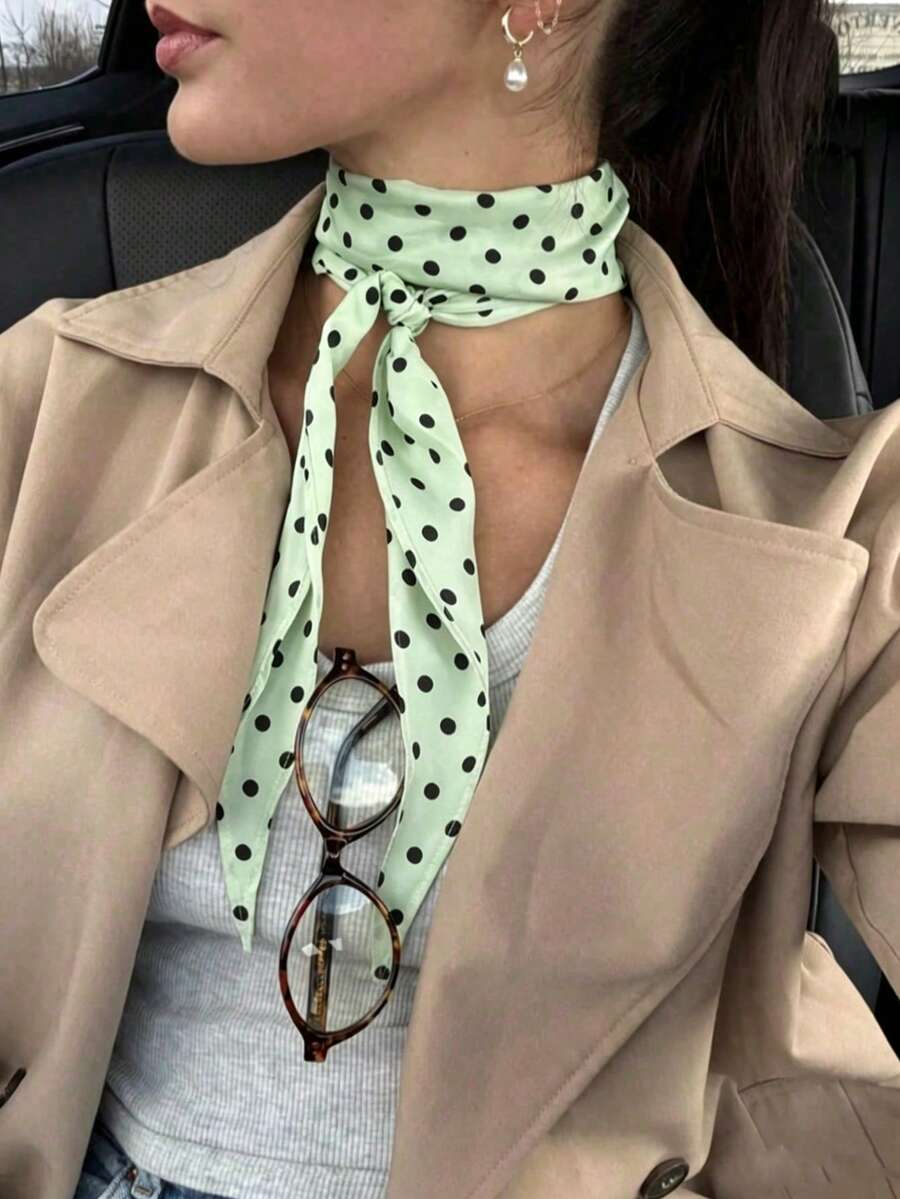 1件女款波點印花斜紋時尚優雅圍巾,可用作裝飾頸巾、髮帶、髮圈,也適合包包、錢包和衣物裝飾,四季皆宜的理想配件 - 薄荷綠 - 查看 1