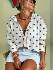 Blusa elegante de lunares, nueva serie primavera/verano para mujeres |   Esta lujosa blusa de manga larga con estilo retro está diseñada especialmente para primavera y verano, con detalles decorativos contrastantes. Es perfecta para entornos laborales casuales, fiestas de oficina de Halloween, reuniones de San Valentín y Acción de Gracias. Vacaciones - Azul y blanco - Ver 3