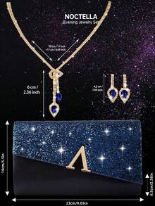 Noctella Shiny Sequin Women's Evening Clutch, Elegant And Fashionable V-Shaped Flap Crossbody Bag, New Luxury Party Bag, Paired With Sparkling Rhinestone 2 Pieces Jewellery Set, Necklace And Earrings, Suitable For Weddings, Evening Banquets And Parties, Can Be Matched With Prom Dresses, Party Dresses, Evening Gowns And Wedding Dresses, Perfect Accessory For Attending A Prom. - Navy Blue - View 3