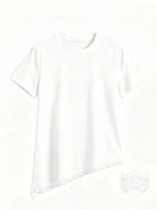 Camiseta de mujer de punto de unicolor con encaje en contraste, asimétrica/asimétrica, adecuada para el hogar, uso diario, vuelta al colegio, fiesta, primavera/verano - Negro - Ver 8