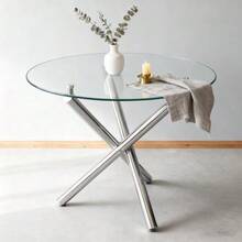 Round Dining Table With Tempered Glass Top And Metal Legs, Coffee Table, Modern Minimalist Dining Table, 80 * 80 * 76 Cm - Silver - View 4