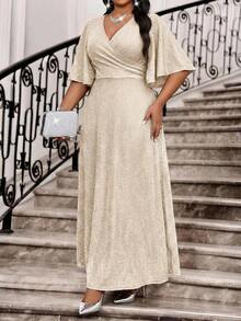 Fleurora Vestido largo de manga larga con cuello solapa cruzado, volantes y abertura, elegante para fiestas, bodas, San Valentín, cócteles, conciertos y festivales de música, talla grande, para primavera, verano y otoño - Albaricoque - Ver 7