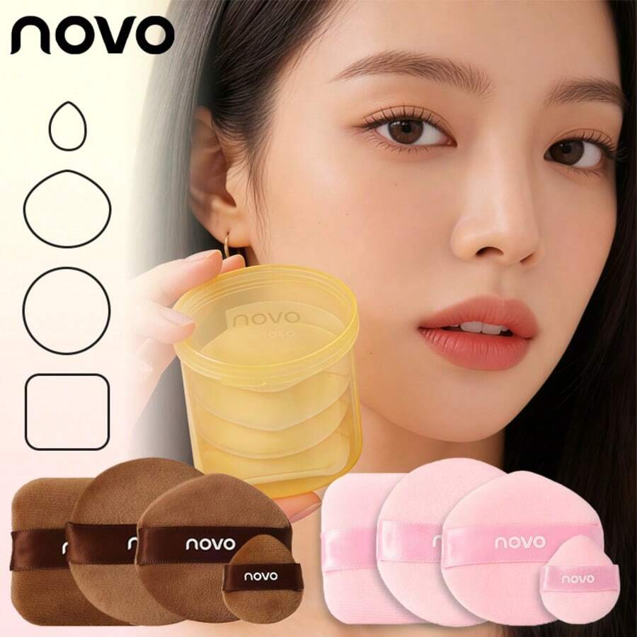 NOVO Set de 4 piezas de borlas de felpa múltiple con caja de almacenamiento, suave y sin defectos, esponja de maquillaje reutilizable sin látex, aplicador para herramientas de maquillaje facial en polvo y líquido - Multicolor - Ver 1