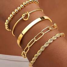 Bộ 5 vòng tay hợp kim bản rộng, kiểu dáng retro, cá tính, không đối xứng, phong cách hip hop, kiểu mắt xích . - Vàng - Xem 1