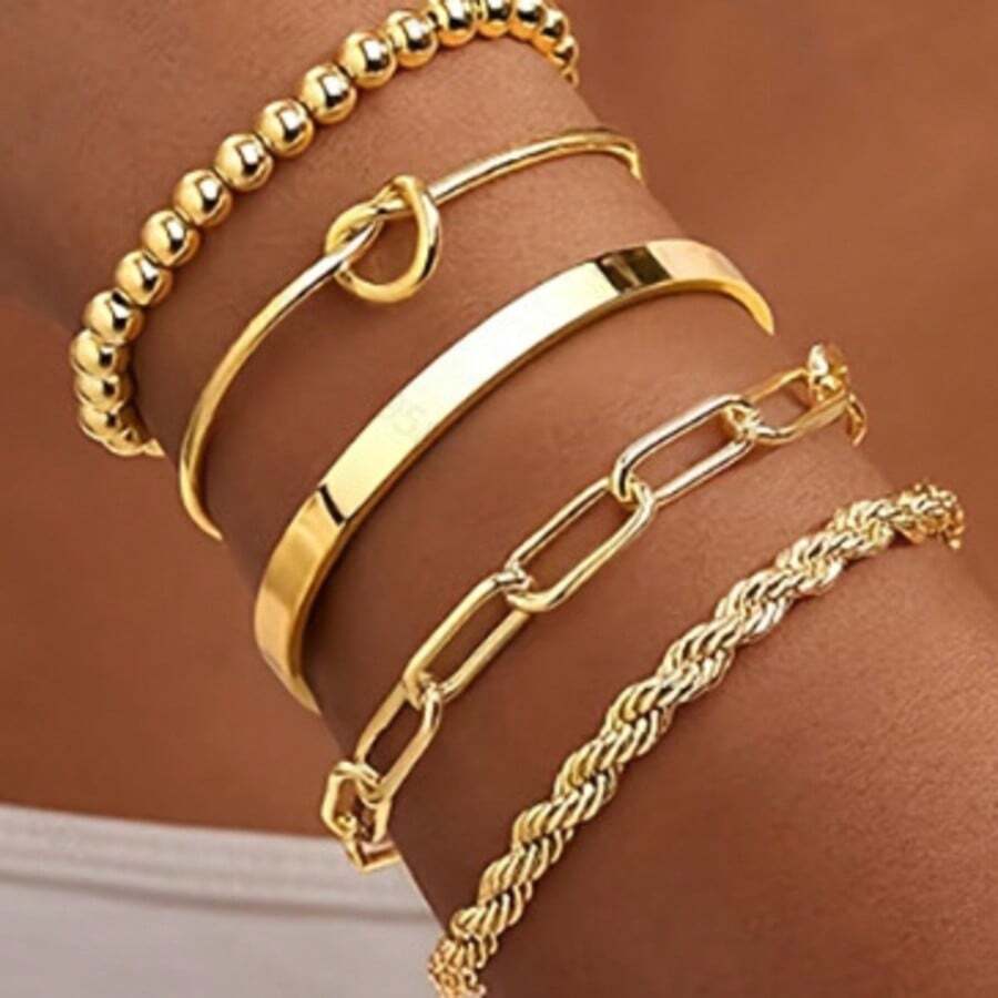 Bộ 5 vòng tay hợp kim bản rộng, kiểu dáng retro, cá tính, không đối xứng, phong cách hip hop, kiểu mắt xích . - Vàng - Xem 1