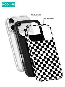 Koolife 1個黑白棋盤格手機殼，2合1 PC+TPU 防摔保護套，亮面設計，適用於 Apple 17/17Pro/17ProMax/16/15/14/13 - 黑白方格 - 查看 5