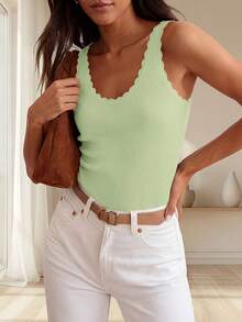 Womens Summer Sleeveless Tank Tops V Neck Ruffle Lightweight Ribbed Knit Shirt Casual Going Out Top - 淺綠 - 查看 3