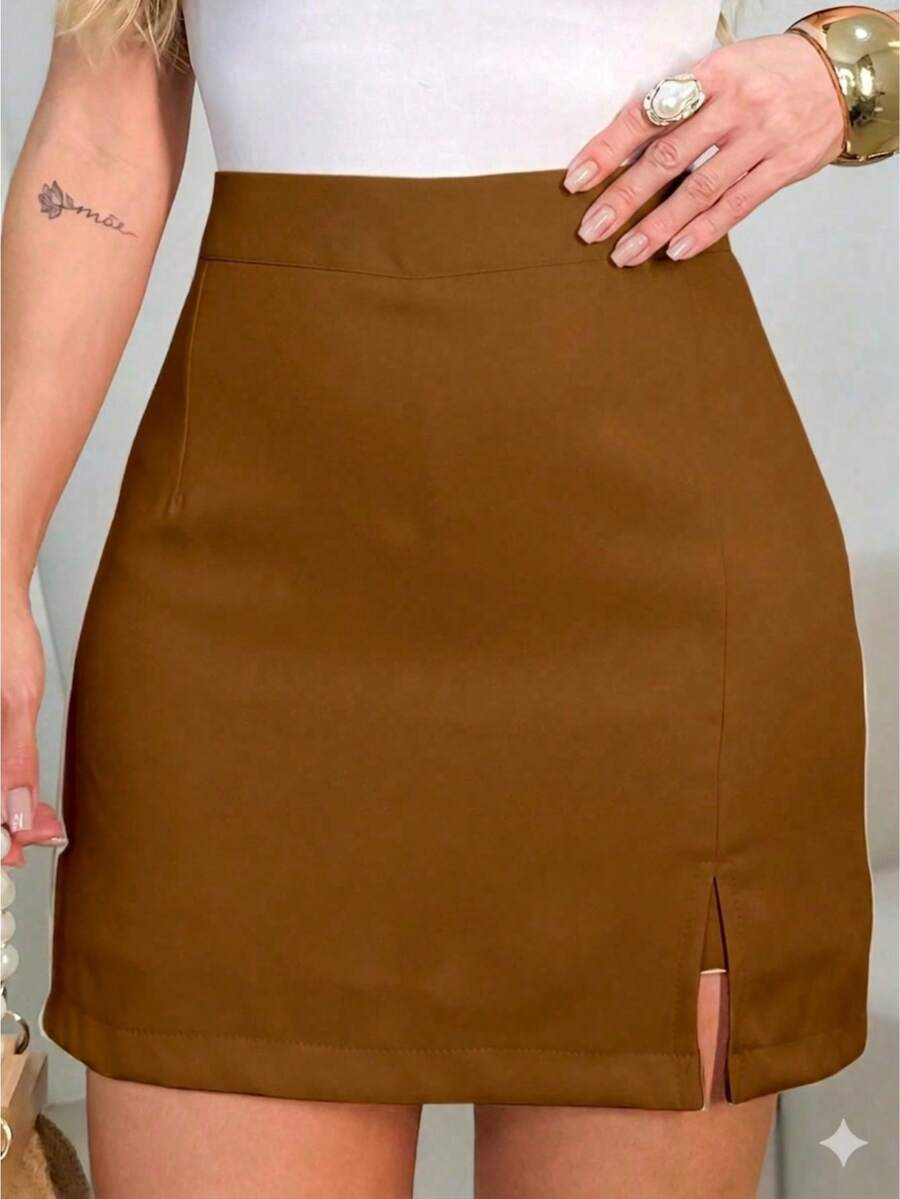 Emili Short Tailored Skirt With Slit For Women - Óxido marrón - Ver 1
