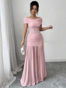 xheSelianne Vestido largo elegante plisado de un solo color con hombros descubiertos para mujerxhe - Rosa - Ver 6