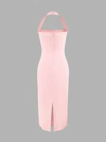 Women's Solid Color Elegant Midi Dress, Slightly Sheer In Light-Colored Fabric, Suitable For Daily Wear, Parties, And Dating Occasions - Pink - View 7