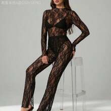 Fengyu Women's Clothing Store Tall Conjunto de body transparente de manga larga con encaje y pantalón transparente, conjunto de verano - Negro - Ver 1