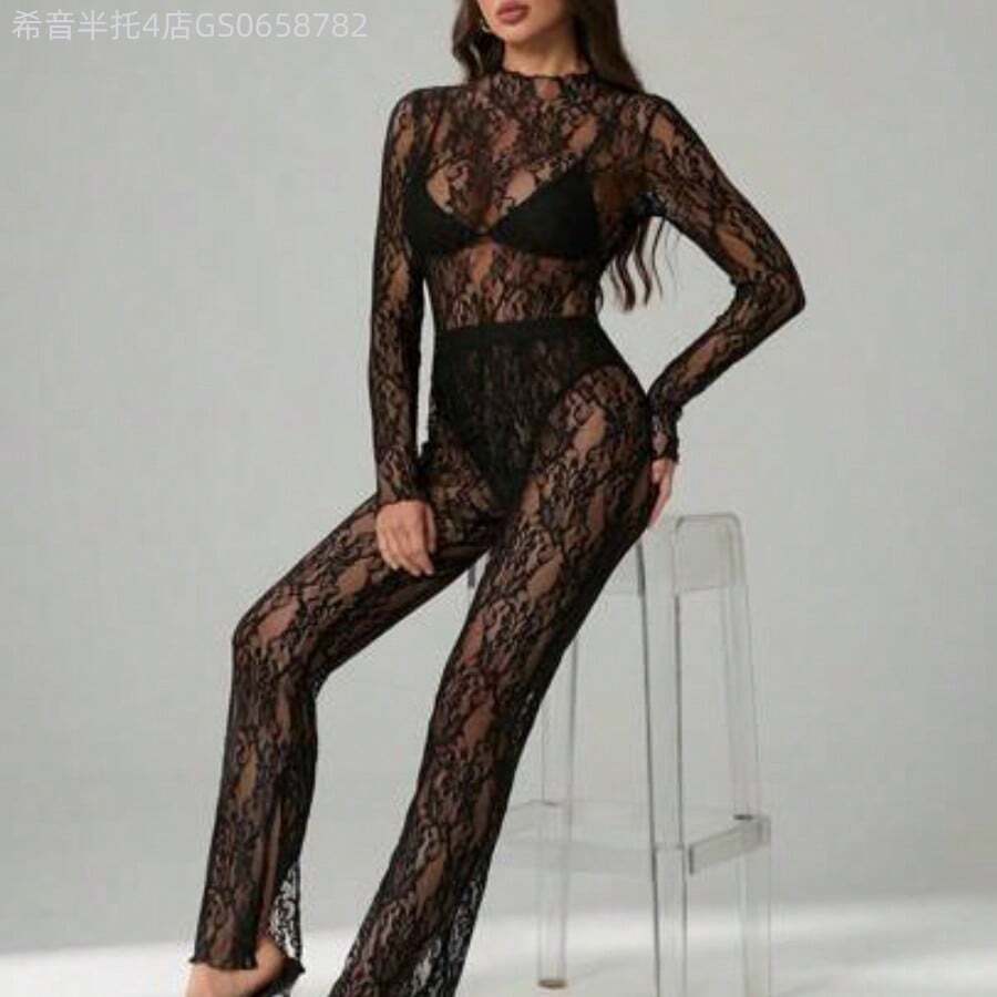 Fengyu Women's Clothing Store Tall Conjunto de body transparente de manga larga con encaje y pantalón transparente, conjunto de verano - Negro - Ver 1