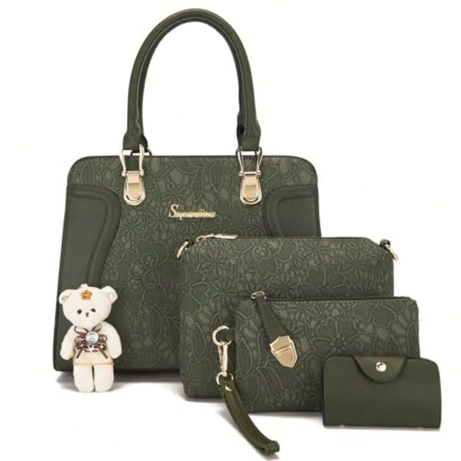Women's Fashion Handbags Tote Bags Shoulder Bag Top Handle Satchel Purse Set 4pcs - F-verde - Ver 1