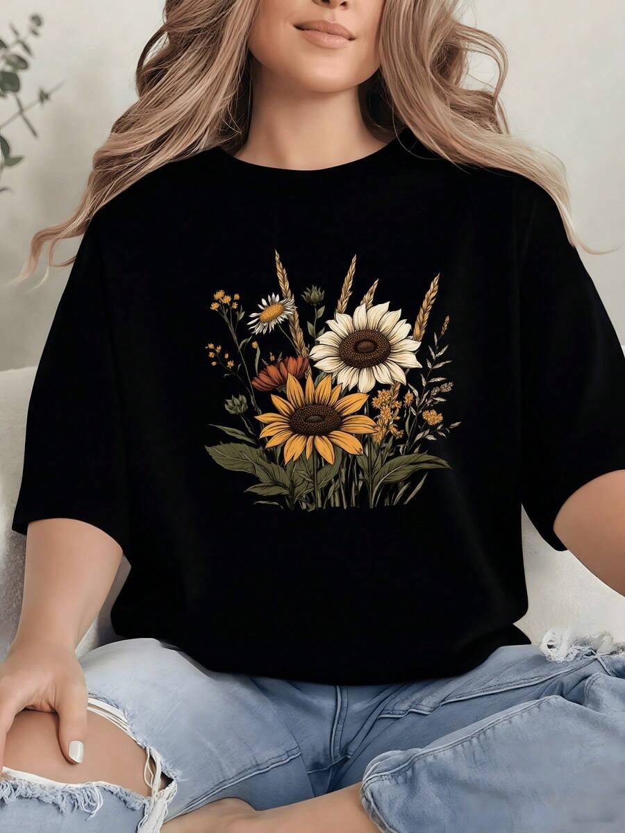 A Bouquet Of Sunflowers And Daisies Symbolizing Energy, Optimism, And Natural Beauty With Bohemian Country Touches. A Casual And Comfortable Women's T-Shirt, Ideal For Everyday Wear. - 黑色 - 查看 1