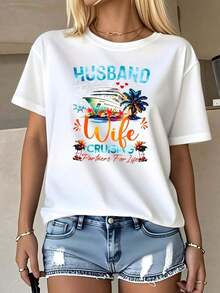 CottonWo Couple's T-Shirt For Cruise Trip, Tropical Cruise Ship And Palm Tree Print, Round Neck, Loose Fit, Comfortable, Breathable, Summer Casual Wear, Perfect Gift, Must-Have - 白色 - 查看 7