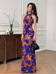 xheEastFlair Vestido cheongsam ajustado con cuello abierto y bajo dividido con estampado de dragón chino elegante para mujerxhe - Naranja - Ver 8