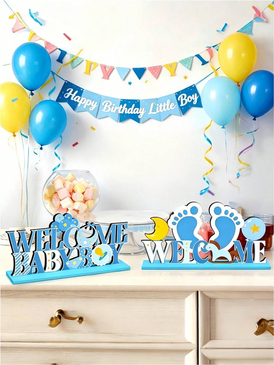 6 piezas de decoraciones de cumpleaños de madera, con lindos patitos amarillos y botellas de leche, en color azul fresco, duraderas, ideales para fotografía y arreglo de escenas de cumpleaños, creando una atmósfera maravillosa. - A - Ver 1