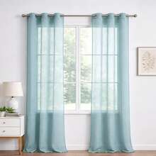 Set Of 2 Solid Color Sheer Curtains, Lightweight Light Filtering Curtains With Grommets, Semi-Transparent Curtains For Bedroom, Living Room, Patio And Outdoor Use - 湖藍色 - 查看 10