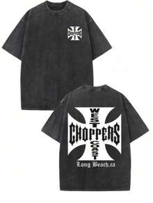 WEST COAST CHOPPERS Retro Streetwear T-Shirt - 230g Washed Cotton, Double-Sided Print, Loose-Fitting Drop-Shoulder Short-Sleeved T-Shirt With A California Long Beach Graphic. Perfect For Casual Summer Wear And As A Gift. High-Quality Fabric, Versatile Printed T-Shirt. - màu đen - Xem 15