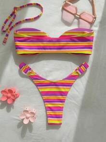 Nouveau maillot de bain à la mode et sexy pour femmes, imprimé à pois, avec bretelles amovibles. Parfait pour la plage, les fêtes et les vacances d'été - Jaune violet - Voir 4