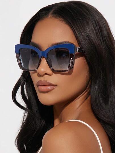 1 Pair Women's Square Color Block Fashion Glasses, European And American Street Style Fashion
