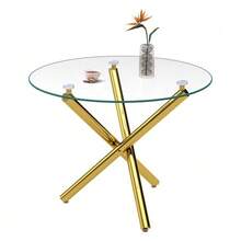 Mesa de comedor redonda con tablero de cristal templado y patas doradas, mesa de centro, mesa de comedor moderna minimalista, 80 * 80 * 76 cm - Dorado - Ver 3