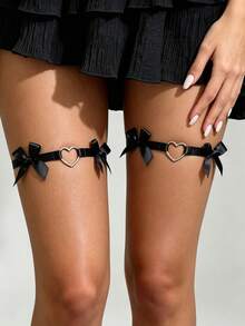 1 Pair Cute Bow Hollow Heart Elastic Thigh Garter, Elegant Satin Leg Strap Suitable For Daily And Party Wear - Bow - View 2