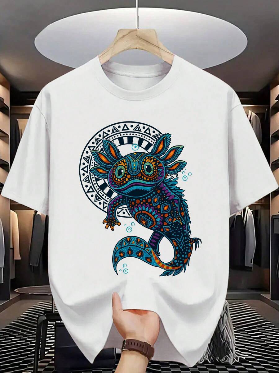 Men's 100% Cotton T-Shirt - Short Sleeve, Crew Neck, Digital Print, Comfortable For All Seasons, Machine Washable, Ideal For Everyday Wear, Crew Neck, Circular Design, Casual Summer T-Shirt Muscle Freaks Axolotl Mexican Style - 白色 - 查看 1