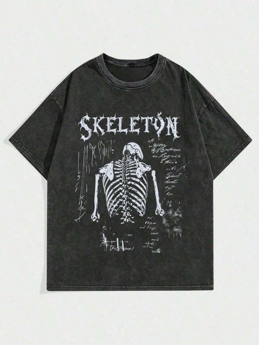 1 Piece Men's Retro Style Washed And Distressed Cotton T-Shirt, Round Neck, Short Sleeve, With Gothic Skeleton Print And Abstract Drawings, Y2K Grunge Style, Urban Casual Wear, Loose Fit Dark Academy Aesthetic T-Shirt For Daily Wear And Festivals DG004A180g 100% Cotton. - 黑色 - 查看 1