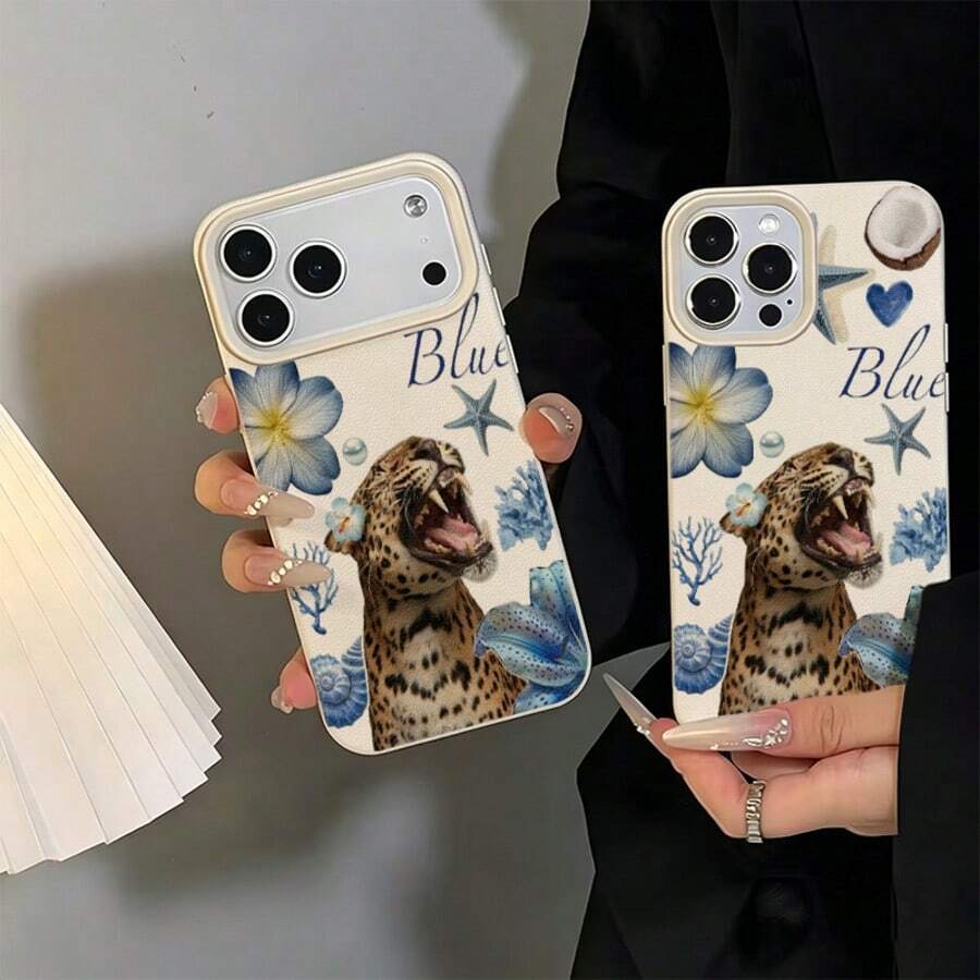 1pc TPU Material Blue Leopard & Ocean Collage Pattern Phone Case, Compatible With Iphone 17 Pro Max/17/16 Pro Max/15/13/12/11, S20 FE/A15/S24/A55, Note 11/12/13 Pro, Full Coverage Anti-Drop Soft Protective Cover - White - View 1