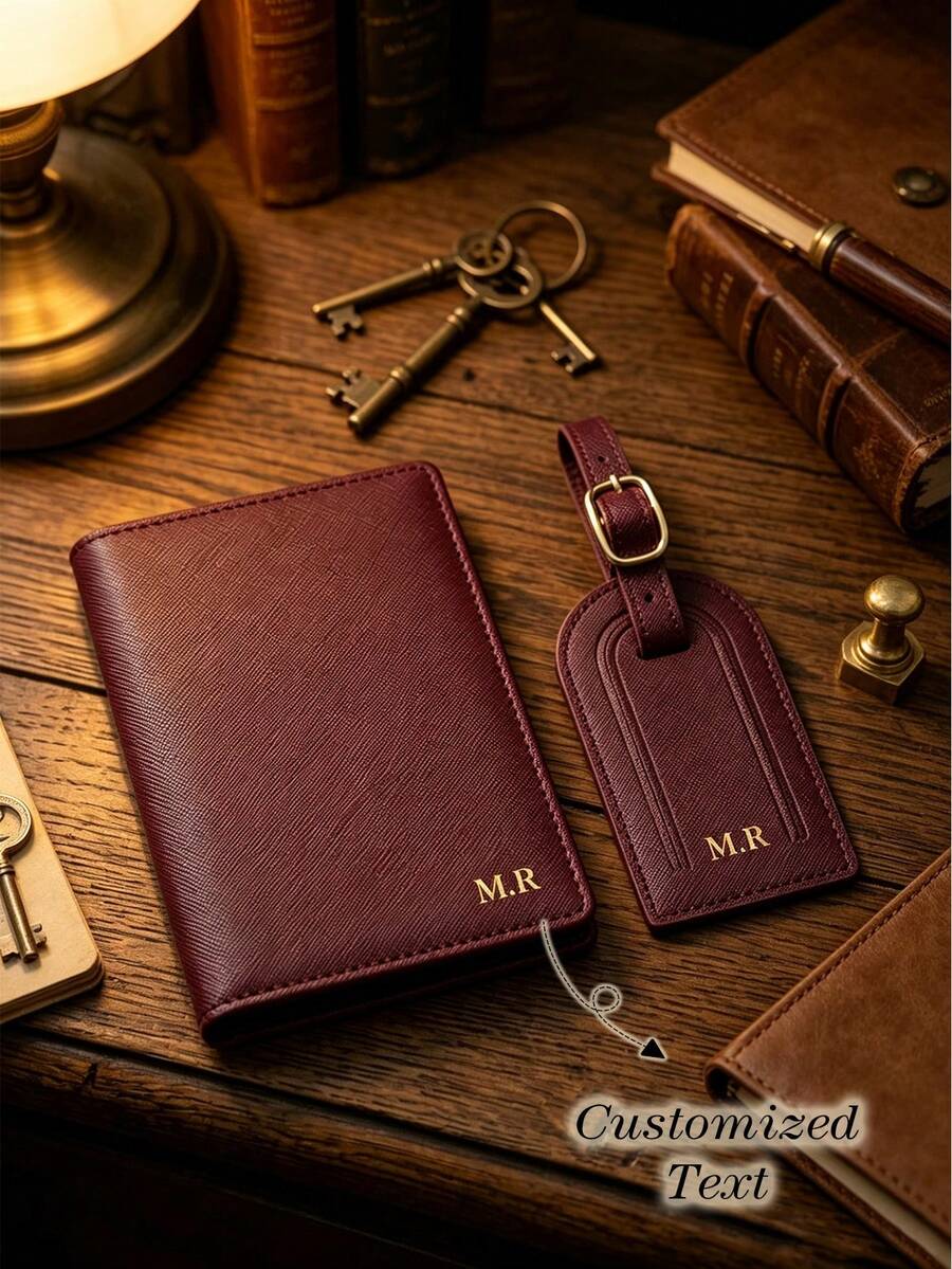 Personalized Saffiano Passport Holder (No Box) Luggage Tag Set | Travel Accessories, Wedding Favor Letter Passport Holder, Engraved Luggage Tag - Multicolor - View 1
