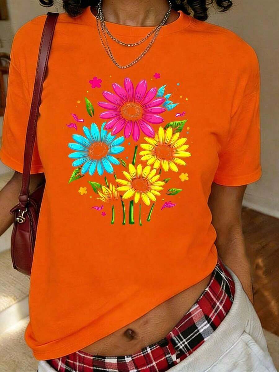 Summer Colorful Wildflower Floral Print T-Shirt, Short Sleeve Round Neck T-Shirt, Casual Top For Summer And Spring, Plus Size Women's Clothing, Breathable And Comfortable. - 珊瑚橙 - 查看 1
