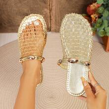 女款寬版時尚網布透氣輕量柔軟戶外夏季魚網編織鏤空金色平底圓頭穆勒鞋 封頭半套腳涼鞋 - 金屬扣 - 查看 14
