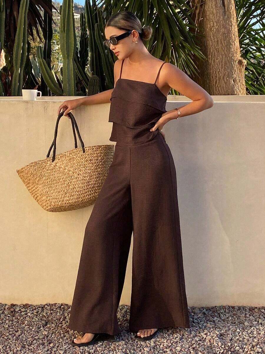 Conjunto de 2 piezas de top con tirantes finos y volantes y pantalones casuales, conjunto de ropa de descanso para mujer para vacaciones de verano - Óxido marrón - Ver 1