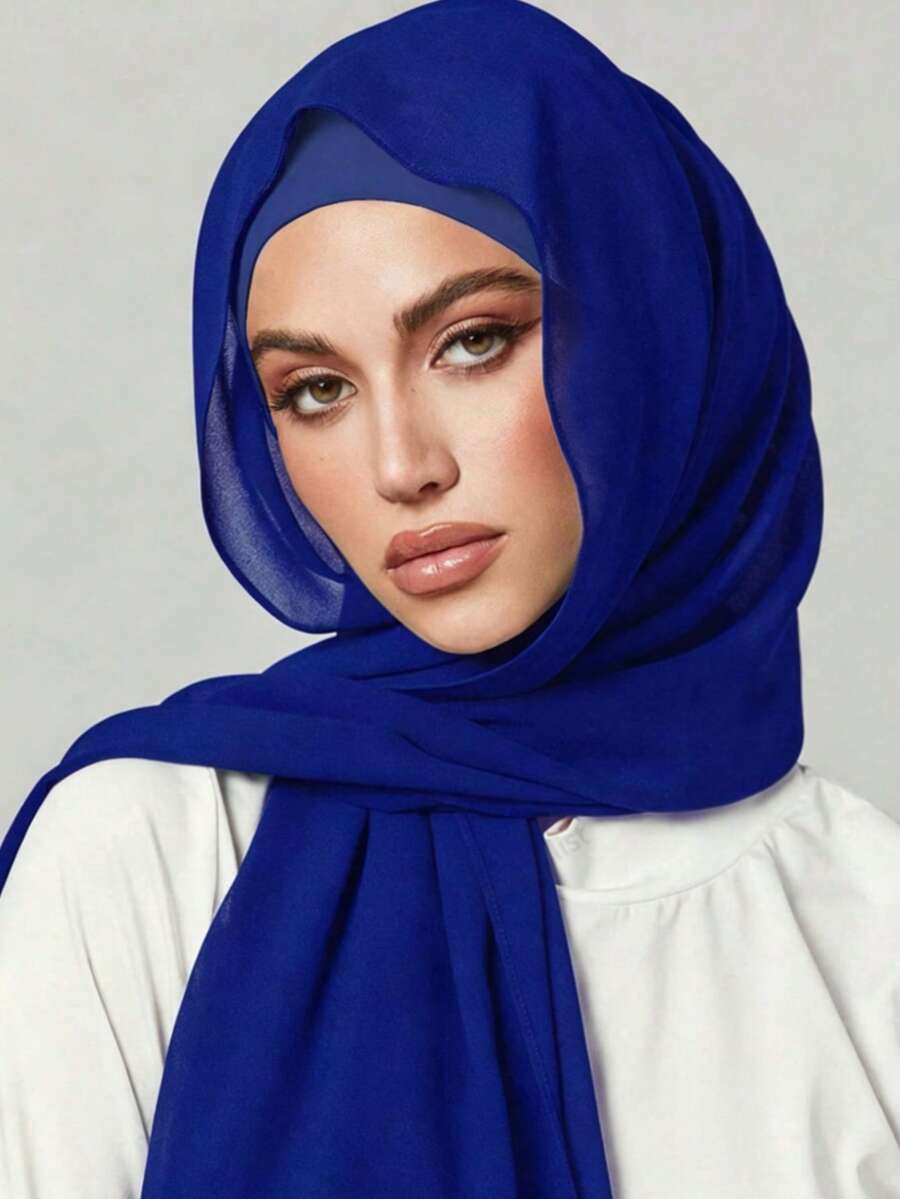 Bộ 2 món khăn choàng, băng đô và mũ cho nữ, mũ lưỡi trai cơ bản đa năng, hijab Trung Đông Ramadan, phối cùng abaya, mũ lưỡi trai co giãn, khăn voan chiffon, bộ mũ khăn kết hợp phong cách thường ngày - Xanh đậm - Xem 1