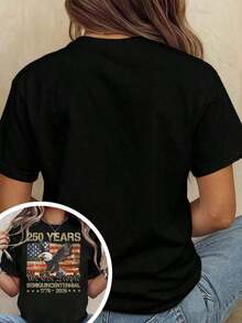 Patriotic Commemorative T-Shirt For The 250th Anniversary Of The United States Independence Day, 250th Anniversary Celebration T-Shirt, Comfortable And Loose-Fitting Casual Everyday T-Shirt For Women, Suitable For Events And Parties, 100% Cotton Fabric, Machine Washable, Unisex Summer Clothing, 100% Cotton - 黑色 - 查看 2