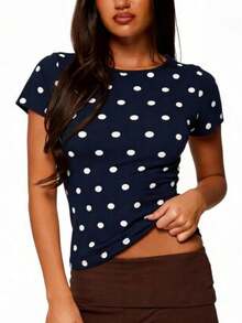 Polka Dot Tops For Women Y2K Long Short Sleeve Tee Crop Top Vintage Cute Slim Fit Crew Neck Shirt Going Out Streetwear - 短袖-藏青色 - 查看 2