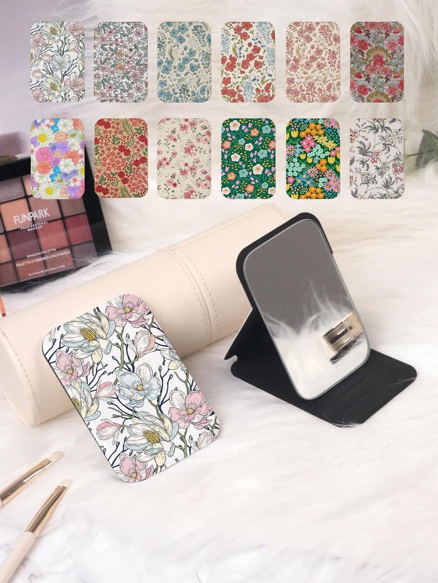 1 chiếc gương trang điểm nhỏ phong cách vẽ hoa, gấp gọn, nhẹ, bền bằng da PU, phù hợp cho du lịch, tụ tập, làm việc, đi học, phù hợp cho mọi lứa tuổi - Nhiều màu - Xem 1