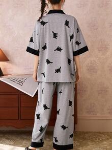 Gongdie Bộ đồ ngủ 2 món dành cho nữ, bộ đồ ngủ ngắn mùa xuân/hè, chất liệu cotton mềm mại, màu xám tro, in hình mèo, cổ áo tương phản và túi 3D. - Xám - Xem 3