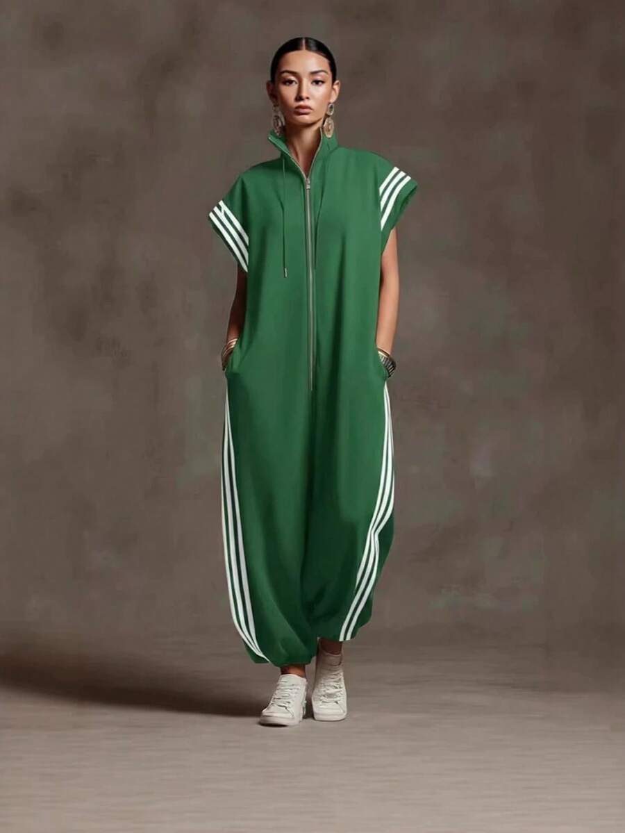Striped Jumpsuit With High Neck And Zipper, Color-Blocked Design - Green - View 1