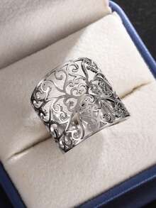 1pc Elegant Bohemian Stainless Steel Floral Textured Open Ring, Romantic Party Jewelry Gift, Polished Unisex Couple Accessory - Ring - View 4
