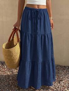 Solid Color Casual Beach Vacation Ruffle Hem Skirt - Royal Blue - View 2