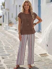 Women's Vacation Casual Solid Color Top And Pants 2 Pieces Set - 多色 5 - 查看 5