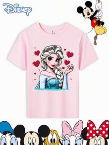 Disney T-Shirt Short Sleeves Made Of 100% Pure Cotton Fabric Disney Princess Elsa T Shirt Pink With Hearts And Elsa Character Print For Kids Disney Channel Themed Party WearGifts Suitable For Girls - 粉色 - 查看 2
