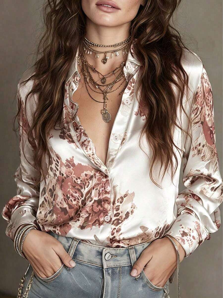 Blusa de satén con estampado de rosa naranja-turquesa clásico para mujer, diseño con cuello, elegante para el uso diario, salidas y talla grande - Blanco - Ver 1