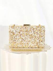 Bolso de mano de noche de lujo con concha y strass, bolso de hombro con cadena dorada adecuado para bodas y fiestas - Champán - Ver 2