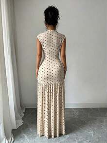 Vestido maxi elegante con estampado de lunares, cuello alto, sin mangas, sexy, con recortes de malla, parches y pliegues en A-line, adecuado para fiesta de graduación, vacaciones, citas, vestido formal blanco, vestido elegante, vestido de cumpleaños, vestido de verano - Albaricoque - Ver 2
